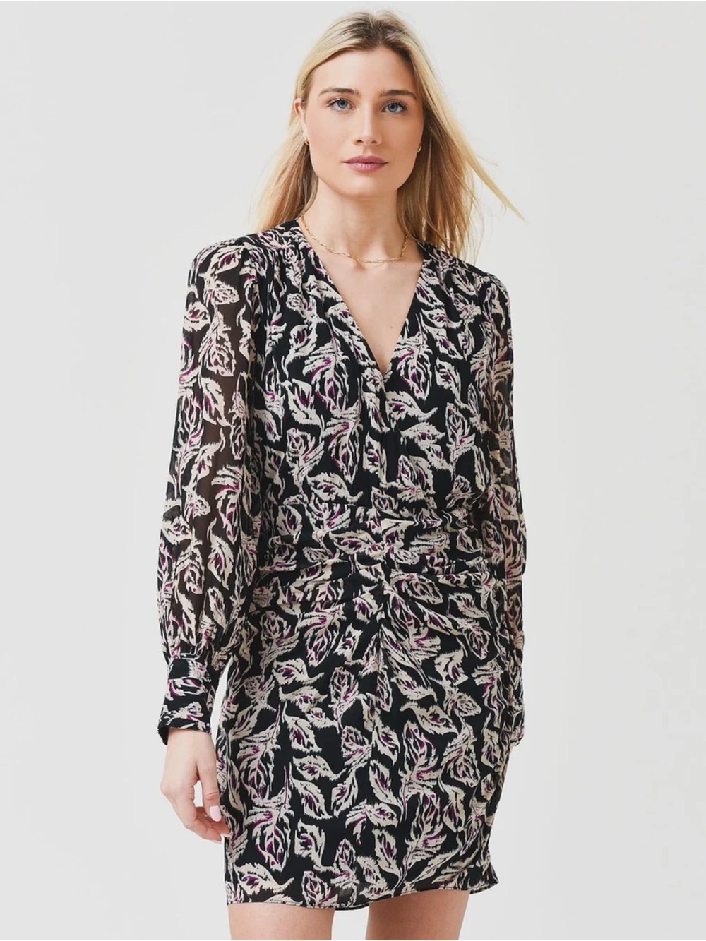 ba&sh Womens Size 0 Black Floral Mini Dress Long Sleeve Belted V Neck Lined